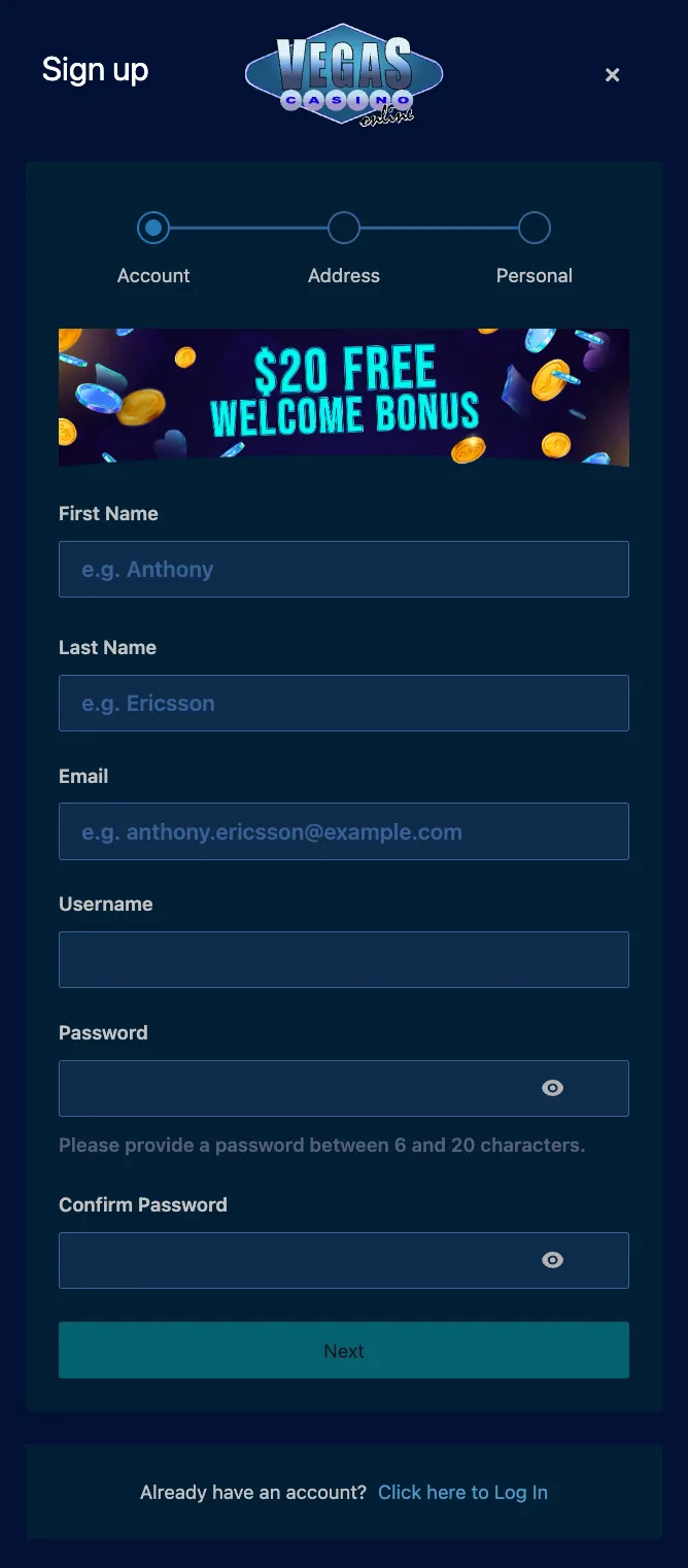 vegas-casino-online signup page